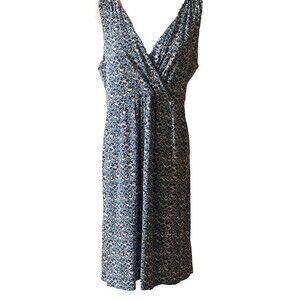 Garnet Hill Sundress Large Blue Floral Pockets Sleeveless V Neck Feminine Costal